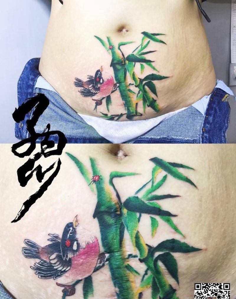 竹子鸟纹身图片_腹部水墨中国风纹身图案