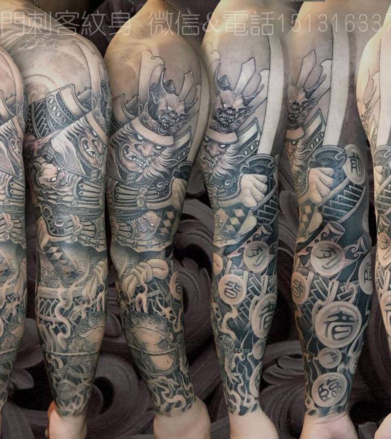鬼武花臂纹身图片_成品手臂传统欧美写实鬼神宗教人物动物纹身图案