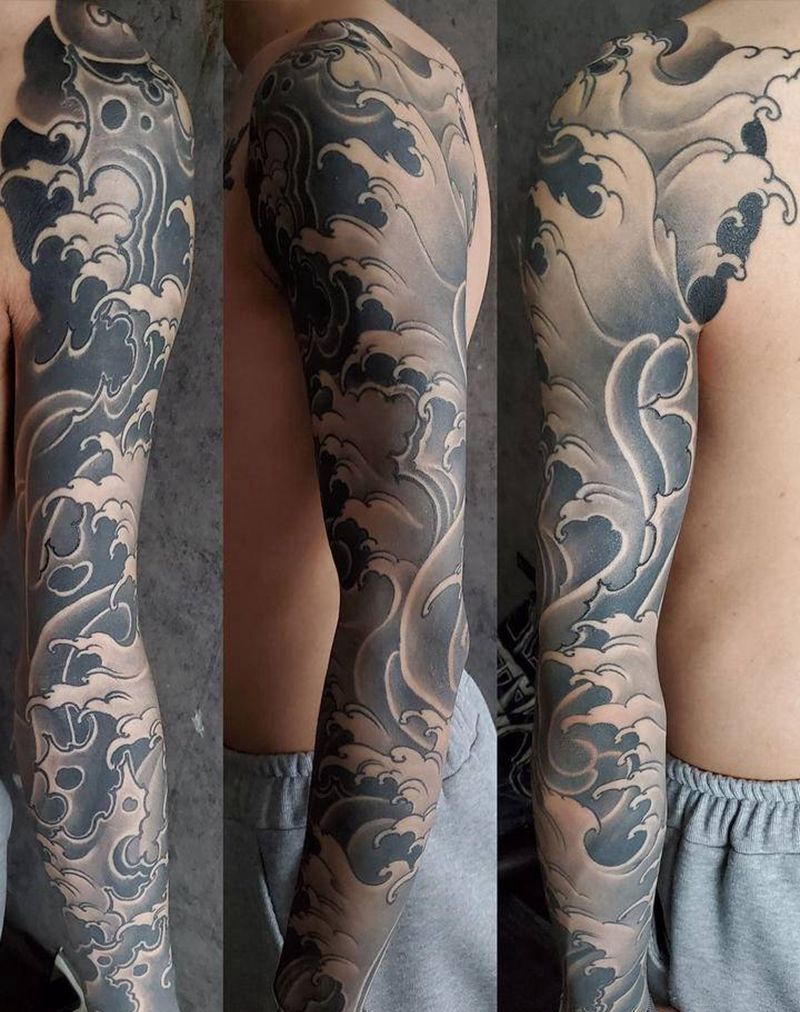 花臂水浪纹身图片_手臂新传统纹身图案