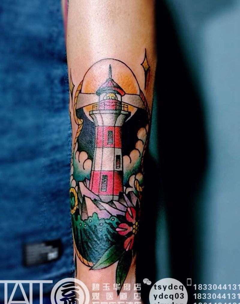 old school灯塔纹身图片_成品手臂欧美静物原创植物纹身图案