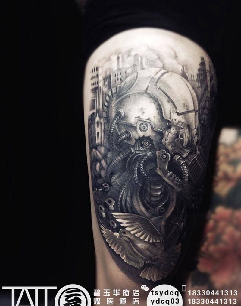 写实机械骷髅纹身图片_成品腿部欧美写实原创人物纹身图案