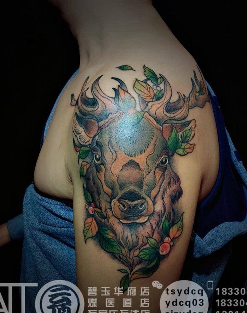 school 鹿纹身图片_成品手臂欧美动物原创纹身图案