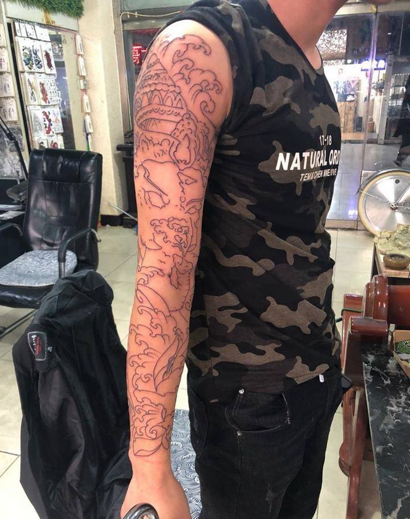 花臂线条纹身图片