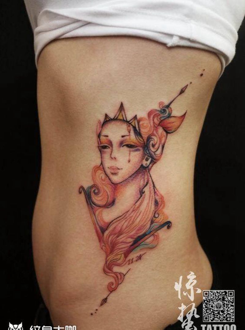 射手座纹身图片_成品腰部清新人物图案纹身图案