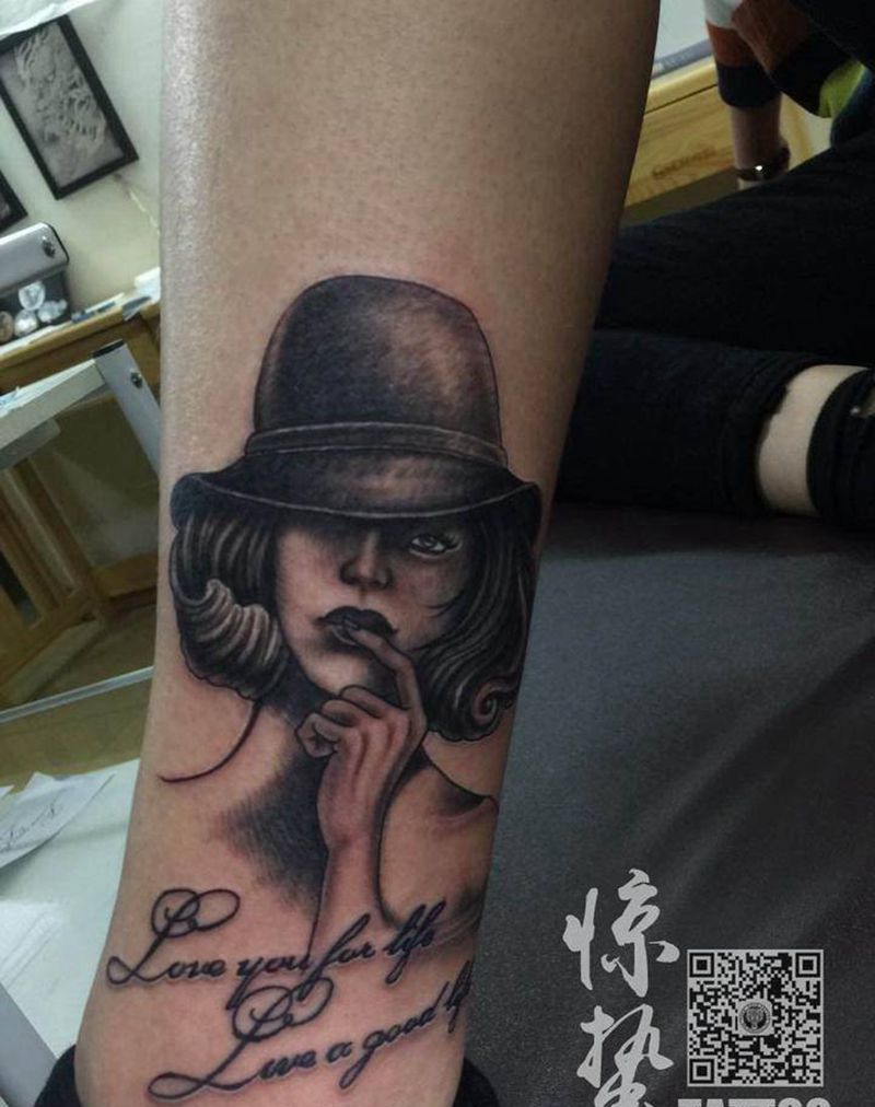 美女肖像纹身图片_成品腿部肖像惊蛰刺青人物纹身图案