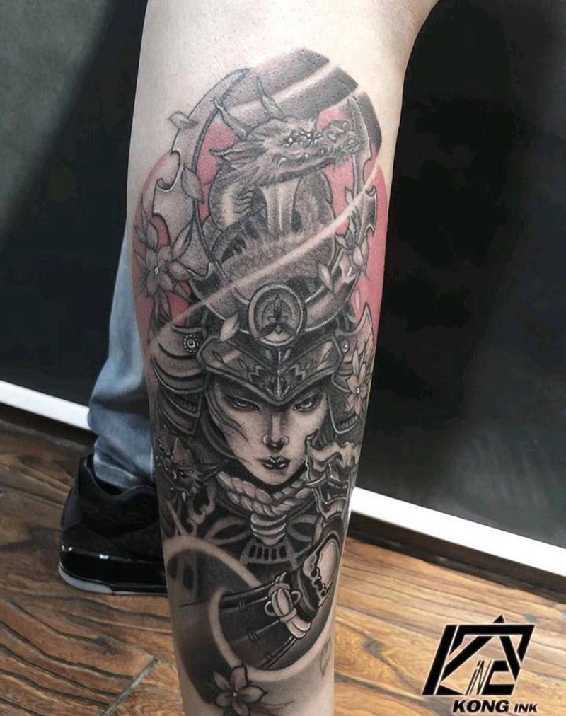 鬼女武士纹身图片_腿部老传统新传统纹身图案