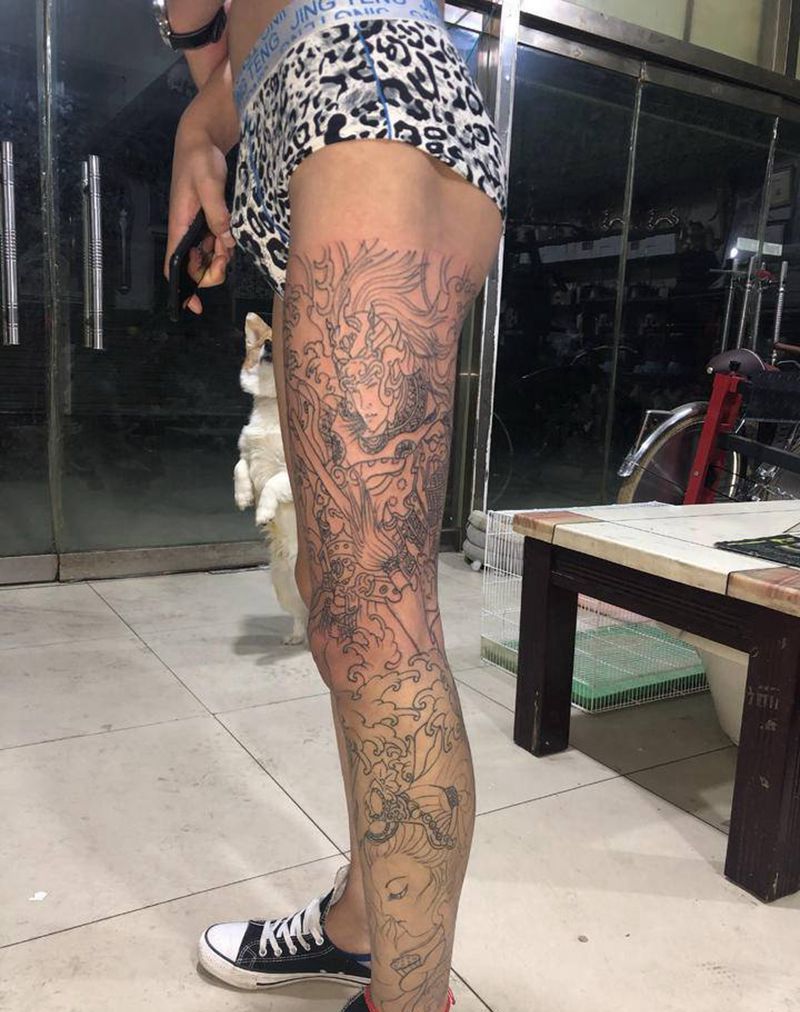 赵云纹身图片_腿部老传统人物纹身图案