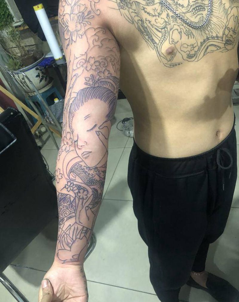 花臂线条纹身图片_手臂纹身图案