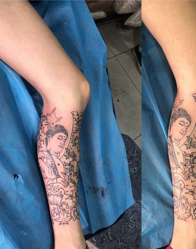 佛纹身图片_腿部纹身图案