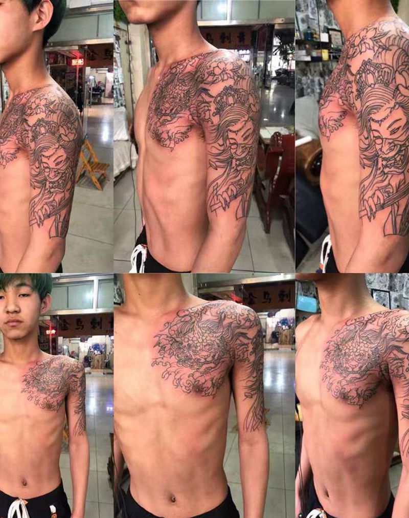 唐狮艺妓纹身图片_手臂胸部纹身图案