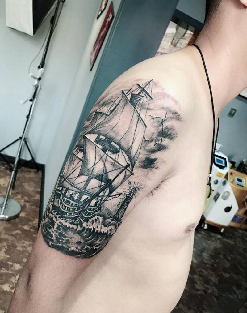 帆船纹身图片_手臂欧美写实纹身图案