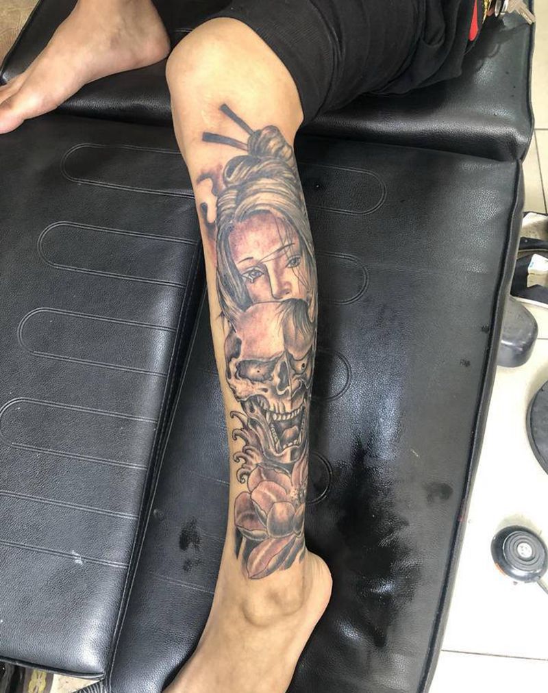 艺妓纹身图片_腿部纹身图案