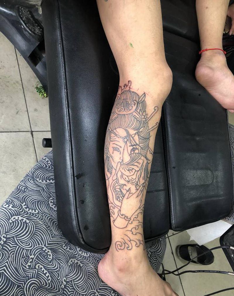 艺妓纹身图片_腿部纹身图案