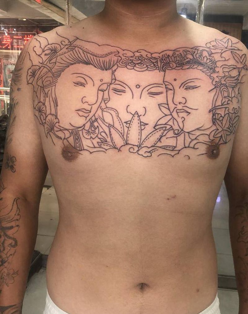 三面佛纹身图片_胸部纹身图案