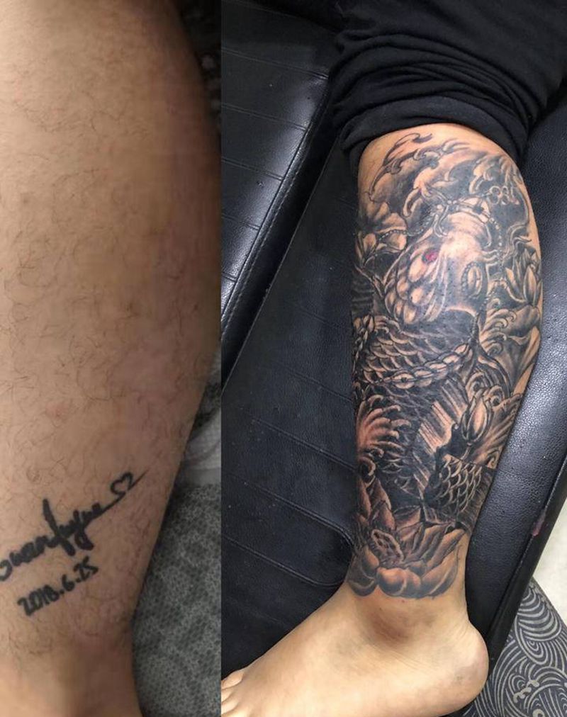 鱼覆盖纹身图片_腿部纹身图案