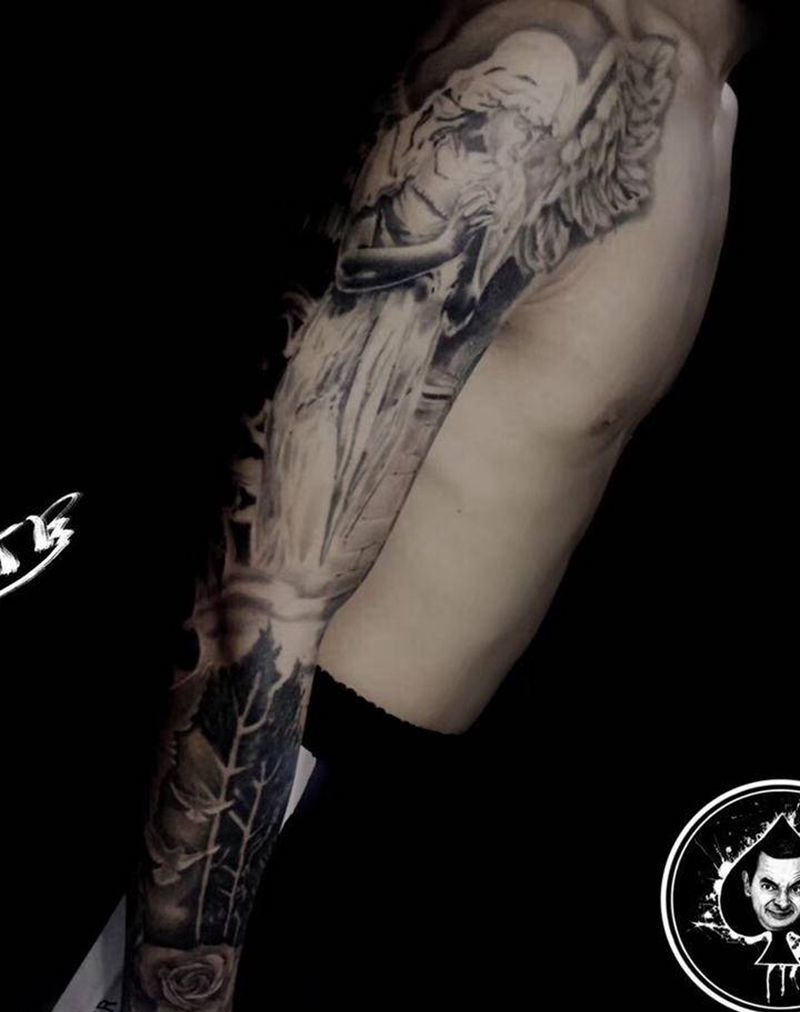 欧美写实花臂，天使森林纹身图片_欧美写实纹身图案
