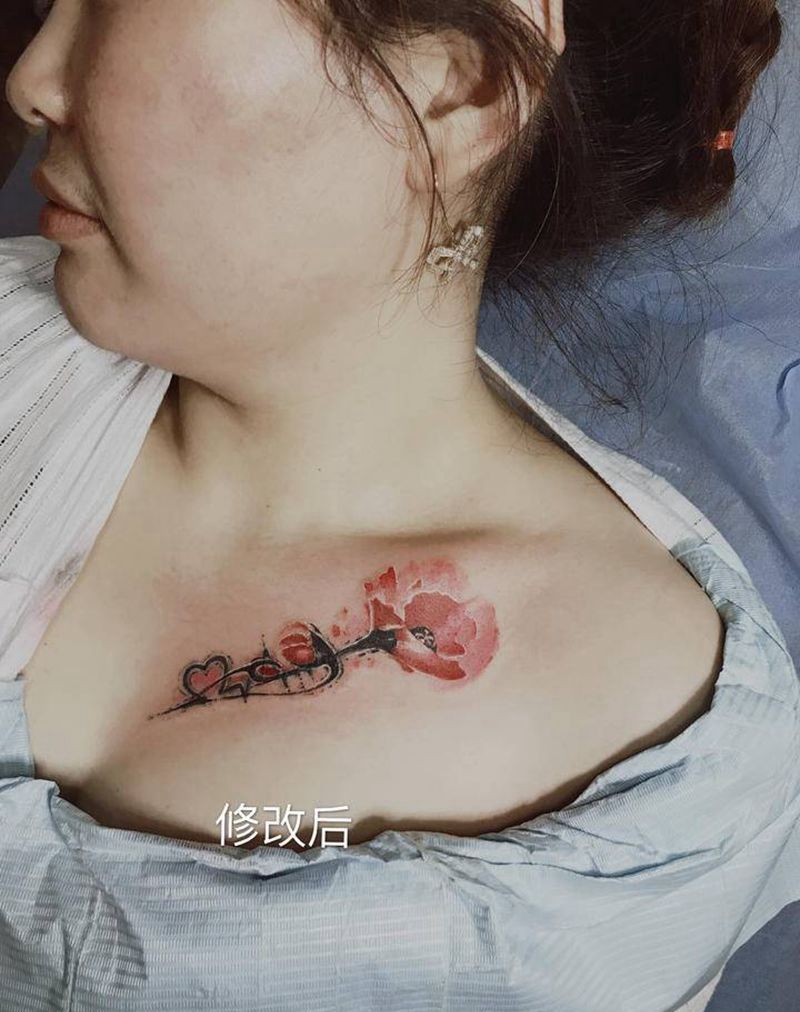 水彩罂粟花纹身图片_胸部水彩纹身图案