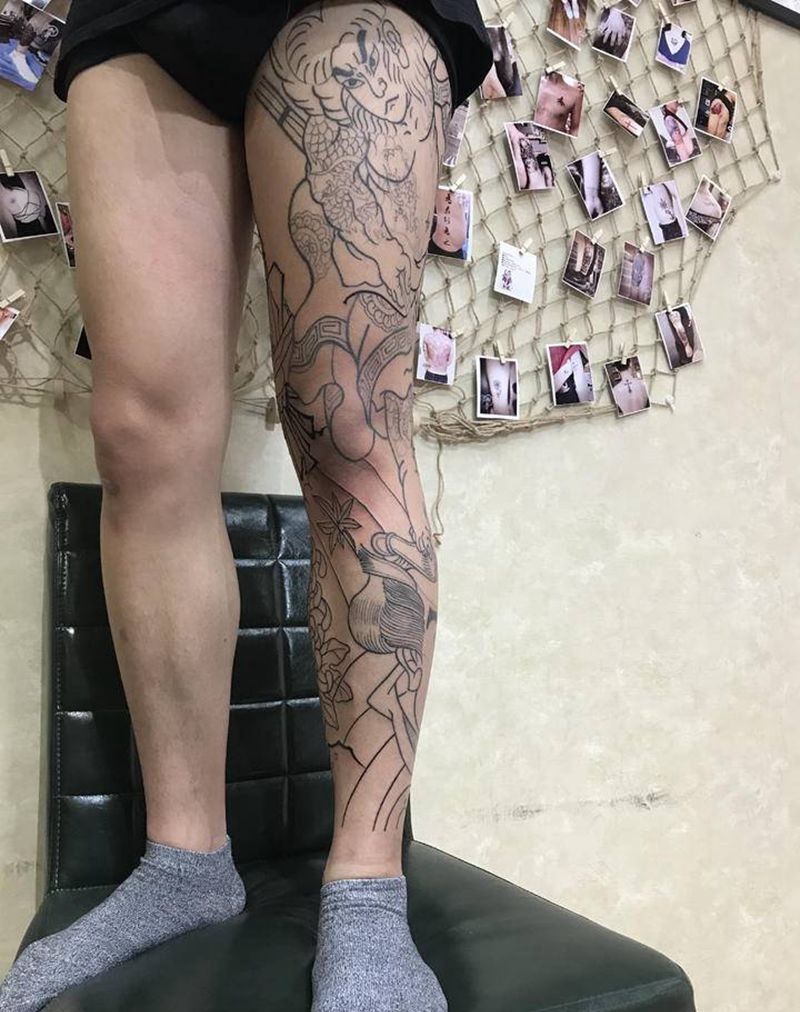 传统花腿（未完）纹身图片_腿部老传统纹身图案