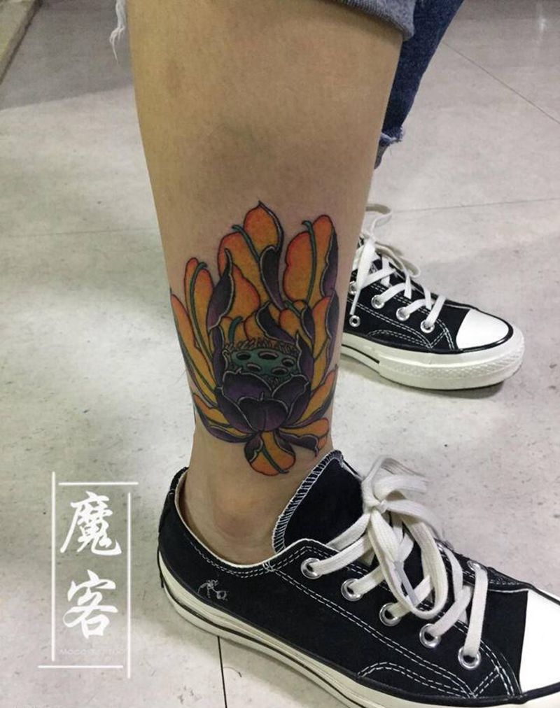 荷花遮盖纹身图片_新传统纹身图案