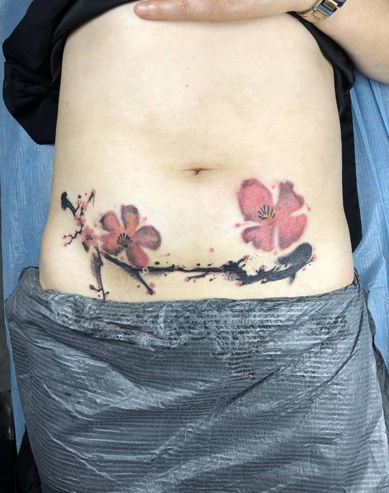 疤痕遮盖纹身图片_腹部水彩水墨纹身图案