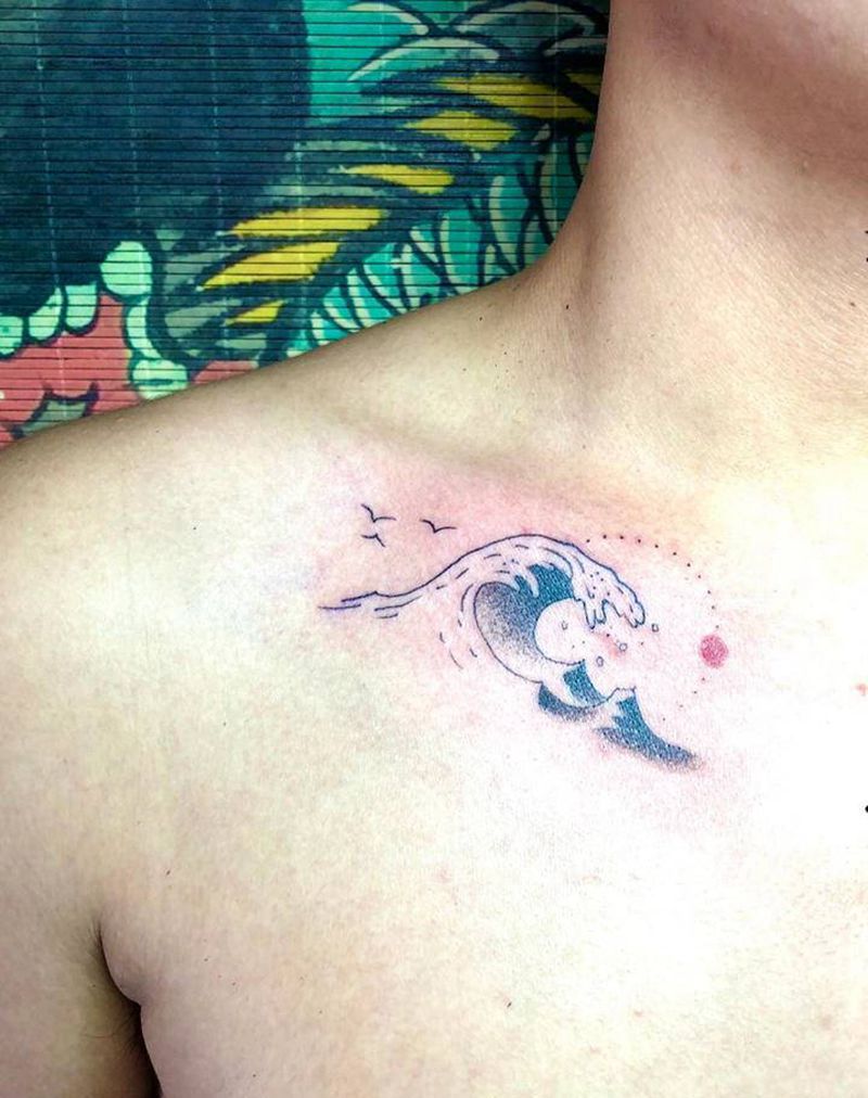 海浪纹身图片_颈部老传统纹身图案