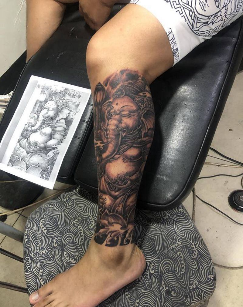 象神纹身图片_腿部纹身图案