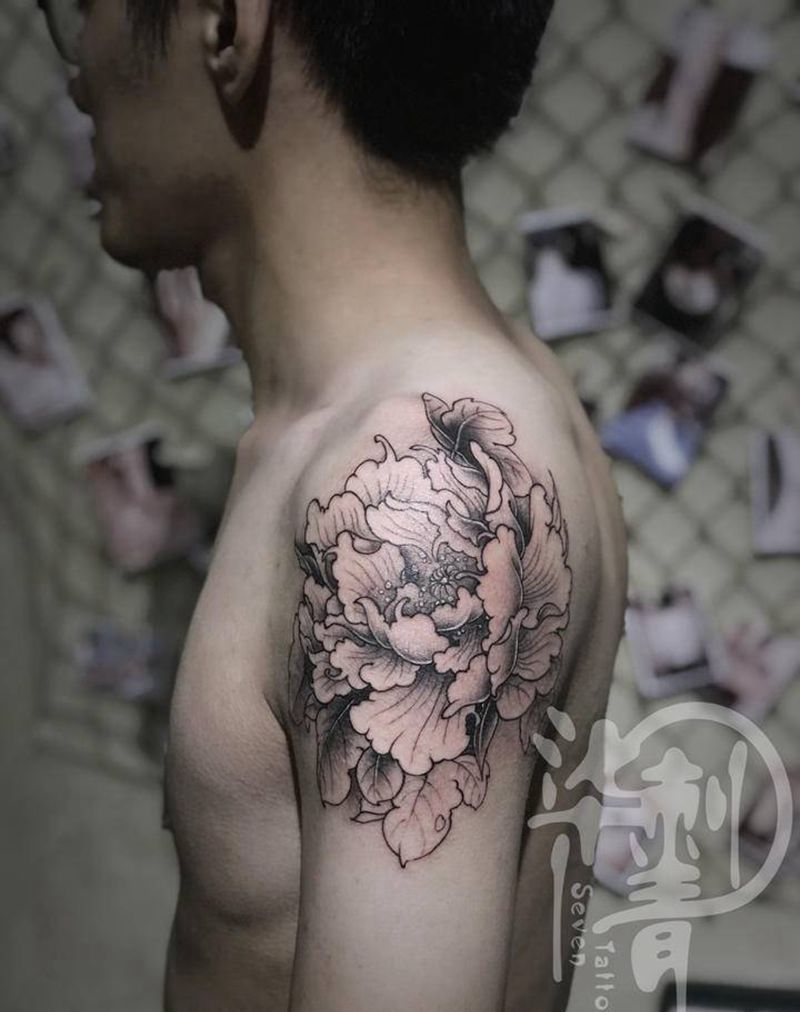 牡丹纹身图片_手臂肩部新传统纹身图案