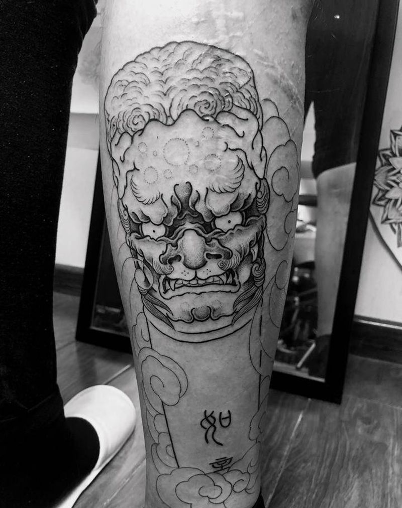 龙头如意纹身图片_腿部点刺水墨纹身图案