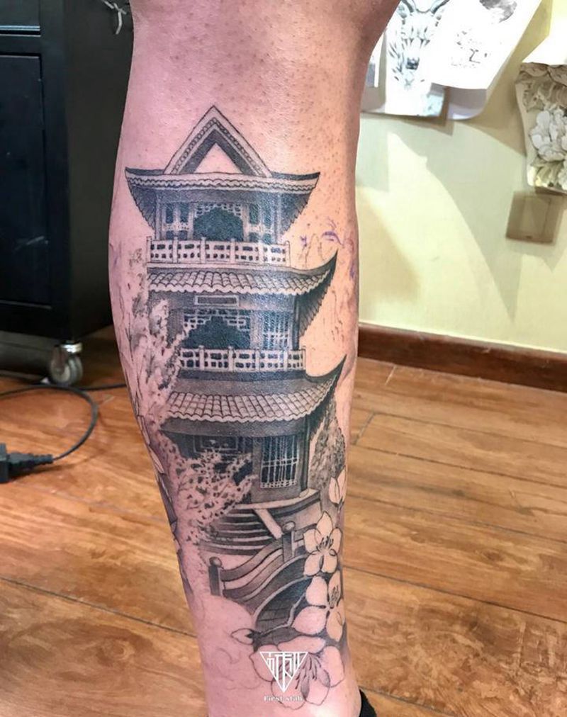 亭台楼阁纹身图片_腿部纹身图案