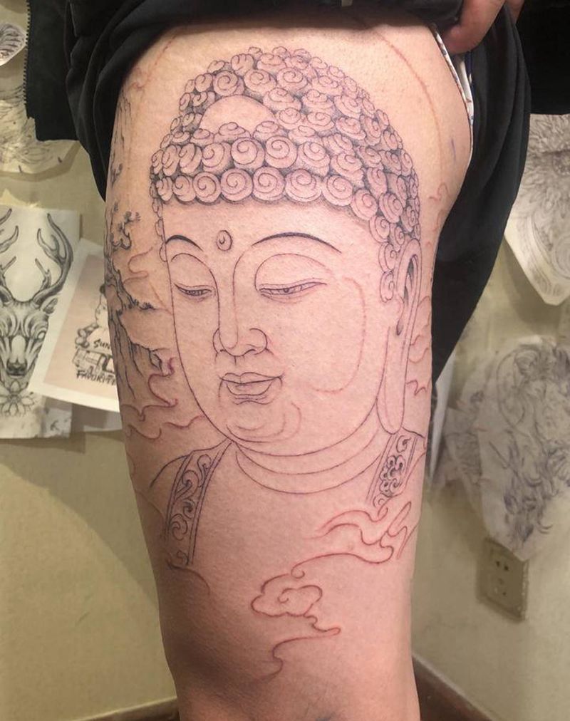 弥勒佛纹身图片_腿部纹身图案