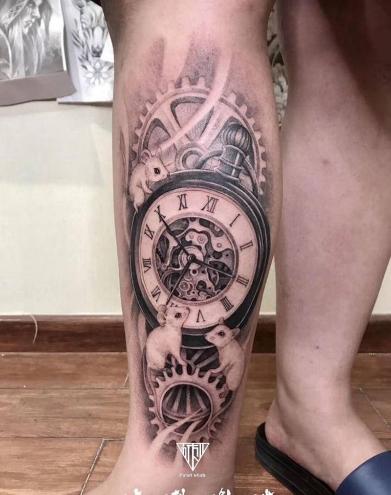 生肖与时间纹身图片_腿部纹身图案