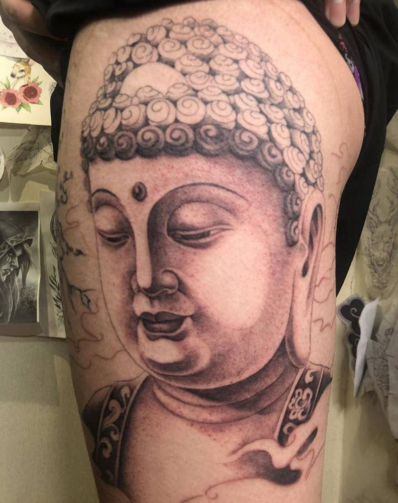 弥勒佛纹身图片_腿部纹身图案