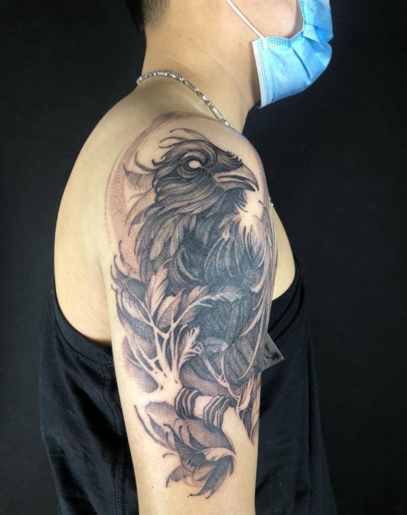 渡鸦遮盖纹身图片_手臂水墨纹身图案