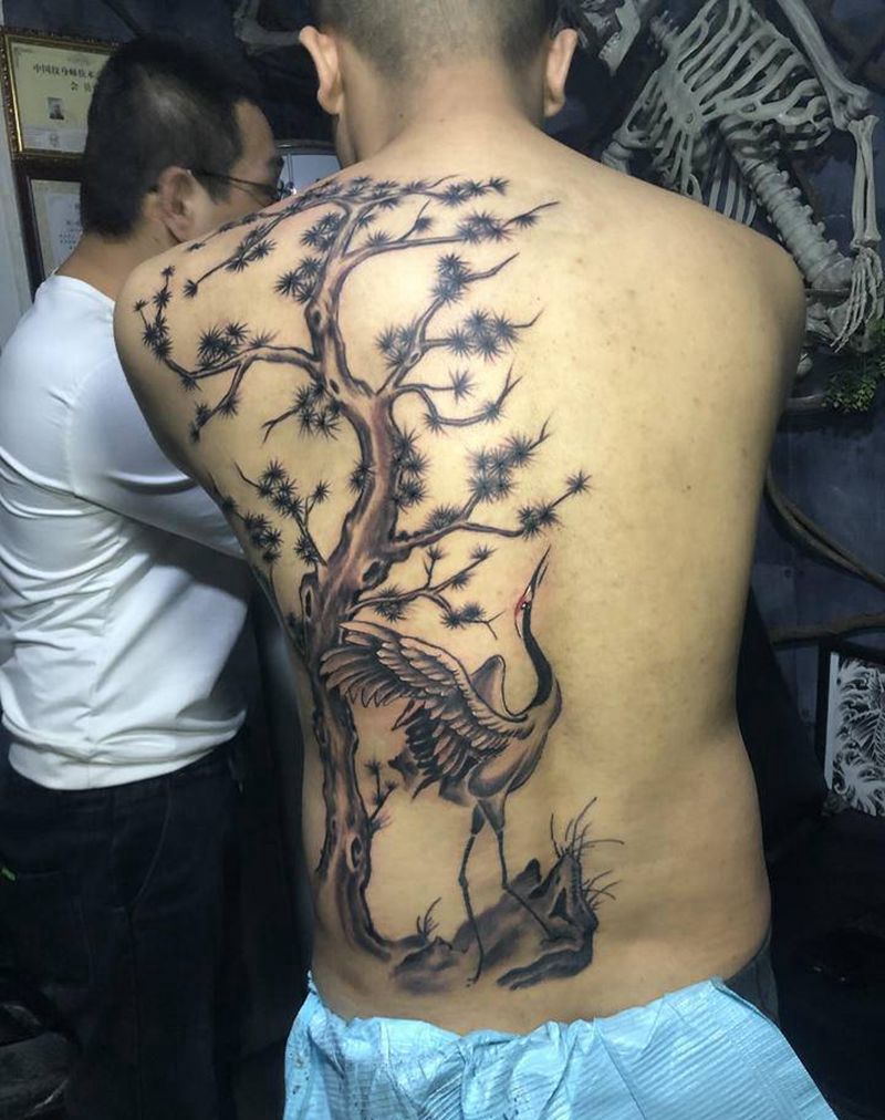 仙鹤纹身图片_背部纹身图案