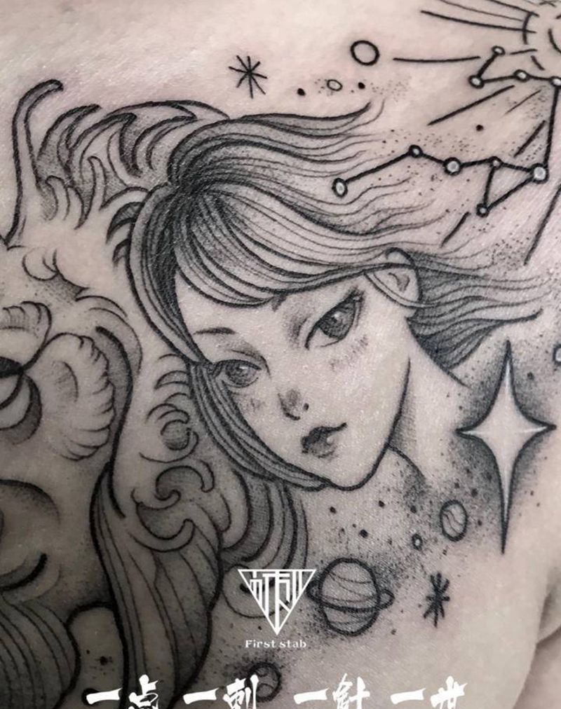狮子座女孩纹身图片_肩部点刺纹身图案