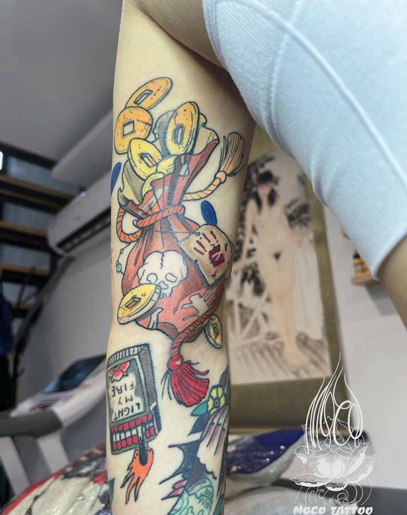 钱袋子好多钱纹身图片_手臂New School纹身图案