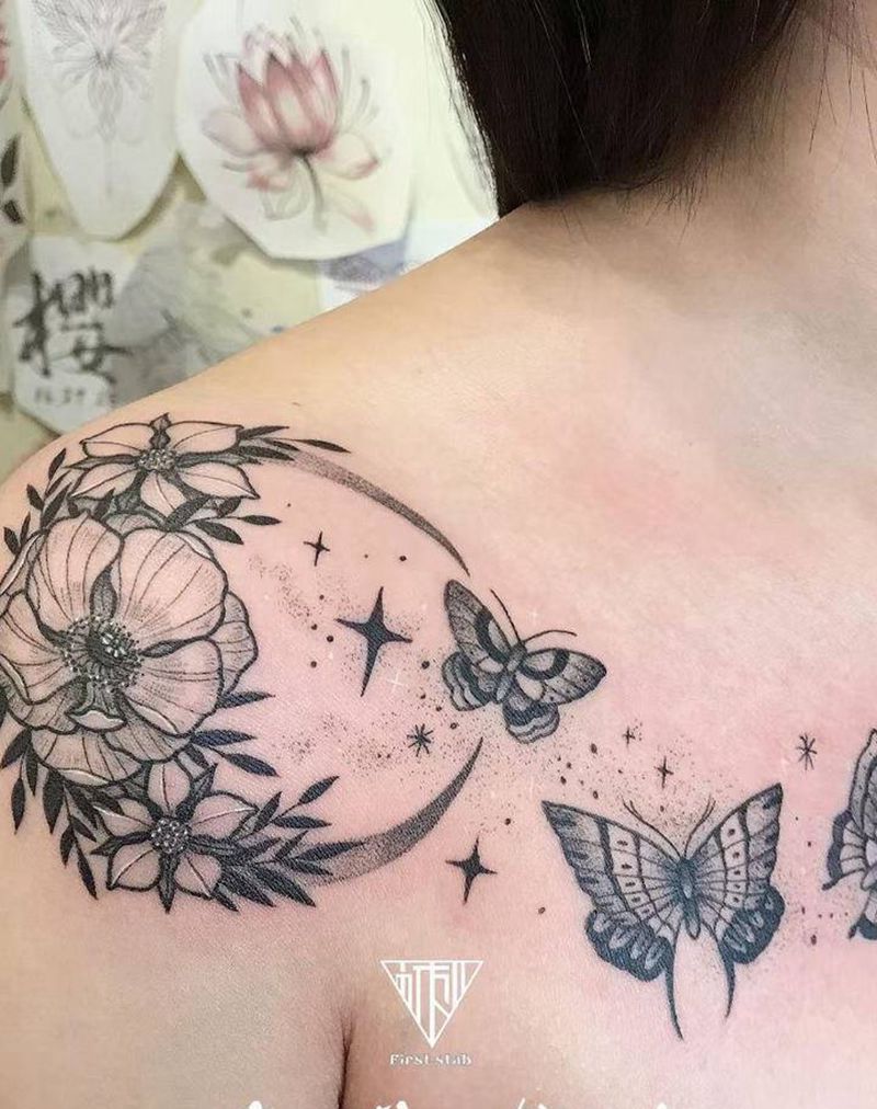 暗黑素花蝴蝶纹身图片_肩部纹身图案