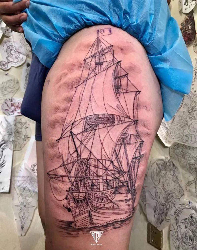 帆船纹身图片_腿部纹身图案