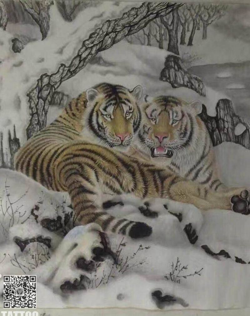 工笔虎纹身图片_手稿背部国画写实动物惊蛰刺青原创纹身图案