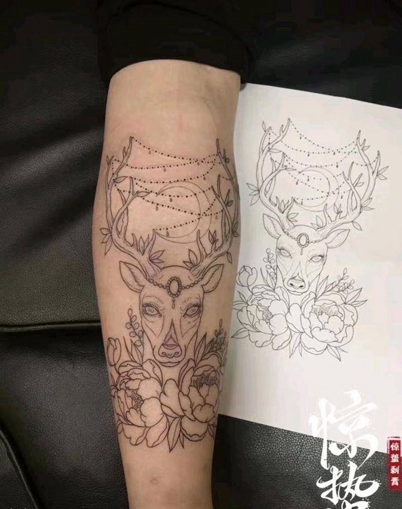 小腿鹿纹身图片_腿部新传统纹身图案
