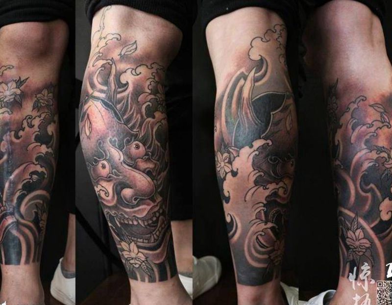 般若包小腿纹身图片_成品腿部传统习俗鬼神纹身图案