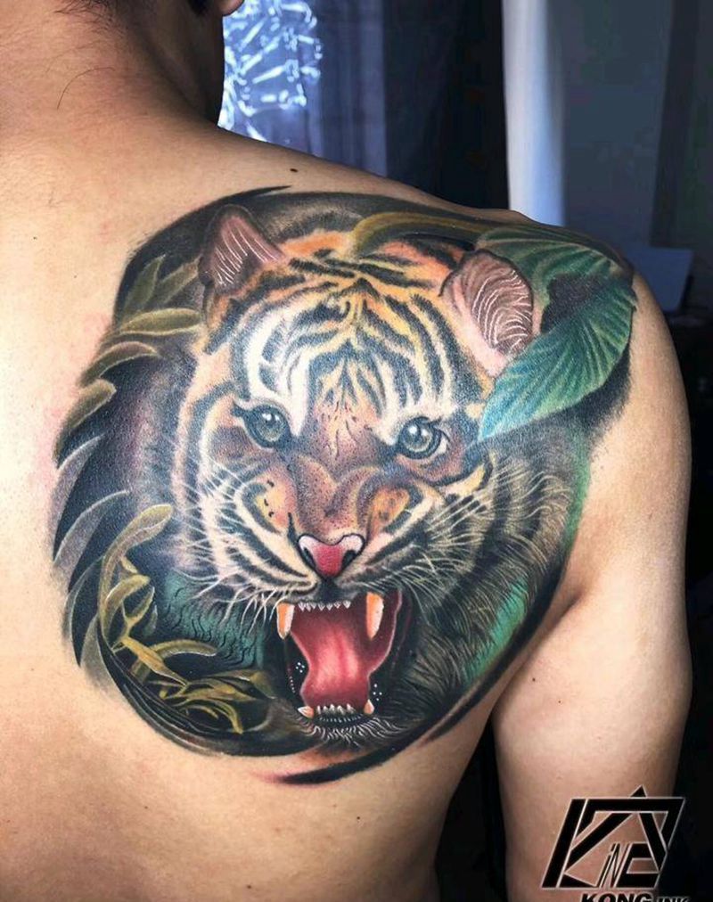 写实重彩老虎纹身图片_背部欧美写实纹身图案