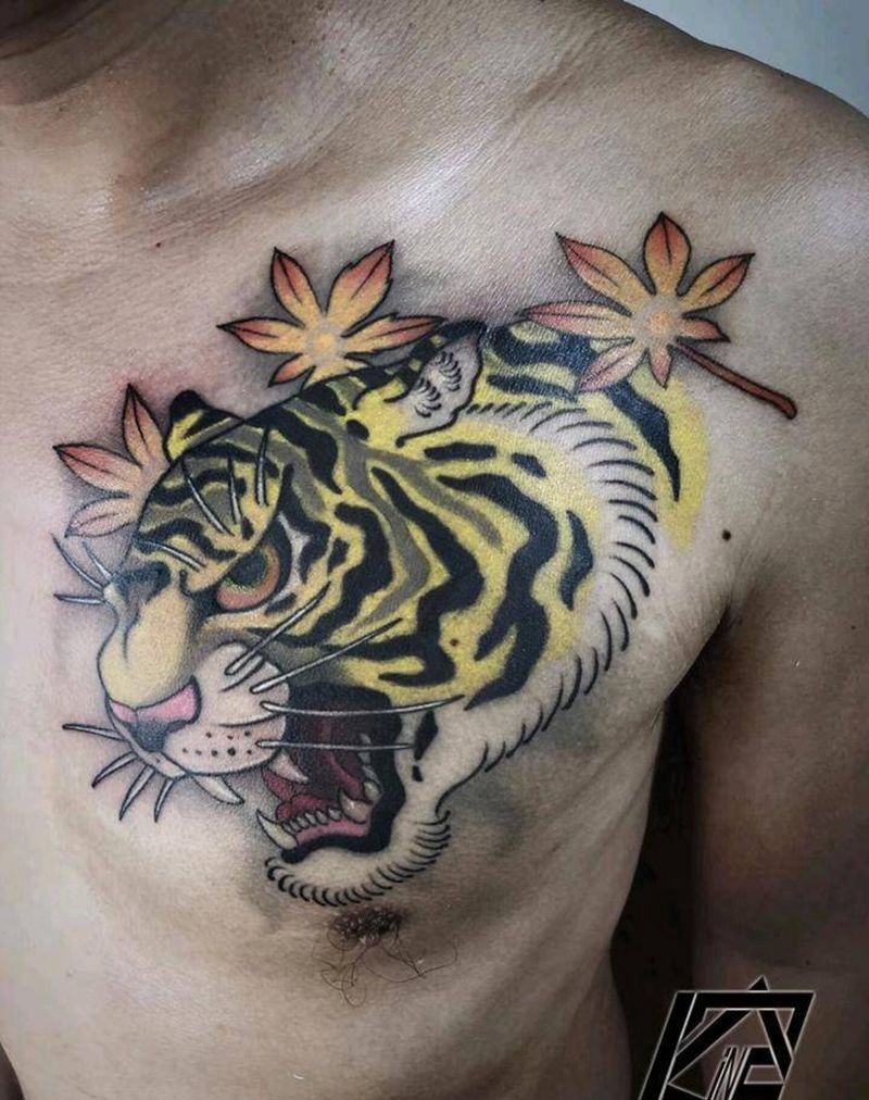 老传统虎头纹身图片_胸部老传统纹身图案