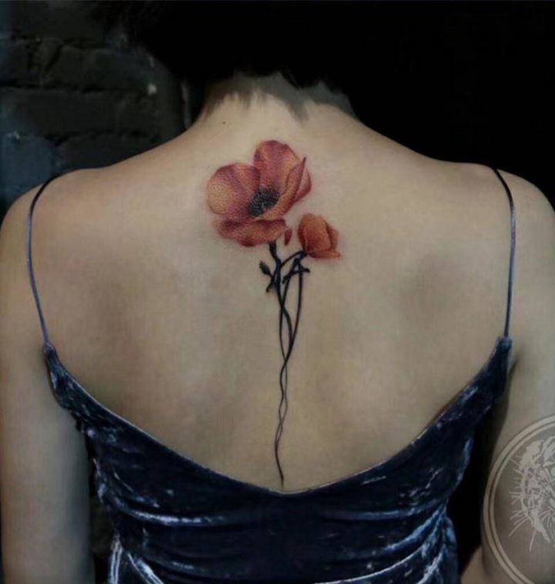 水墨罂粟纹身图片_成品背部清新植物惊蛰刺青纹身图案