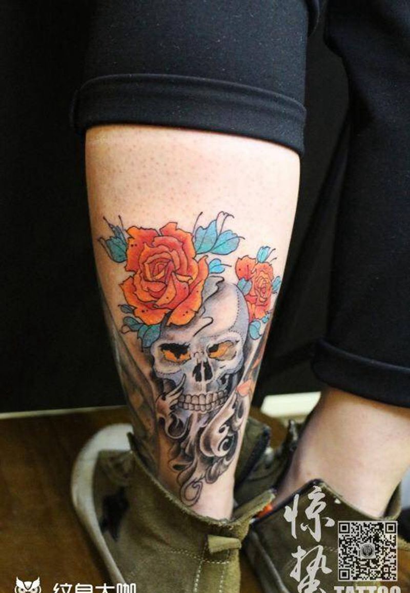骷髅花纹身图片_成品腿部欧美原创图案纹身图案