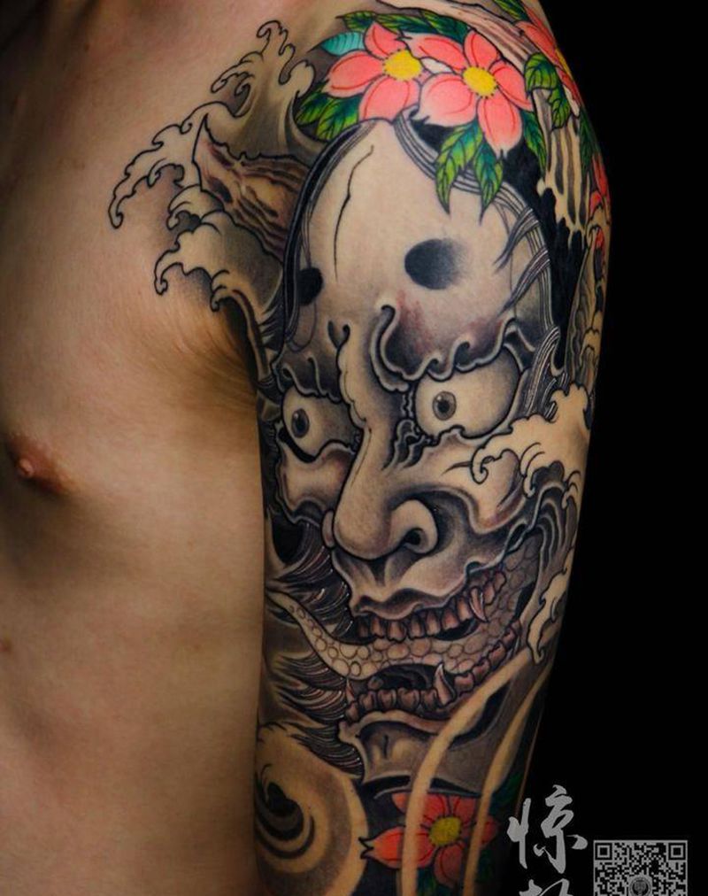 般若包大臂纹身图片_成品手臂传统鬼神惊蛰刺青纹身图案