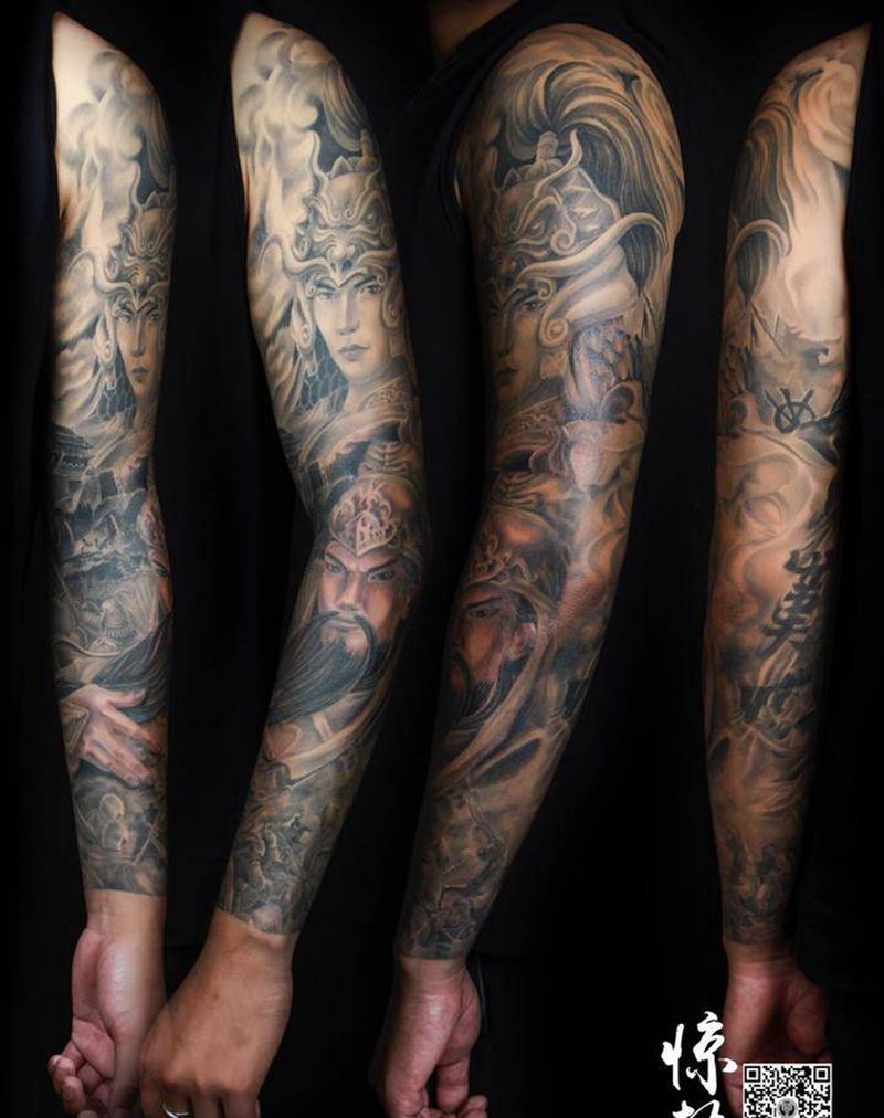 关羽战场花臂—岐岐作品纹身图片_成品手臂传统写实原创惊蛰刺青纹身图案
