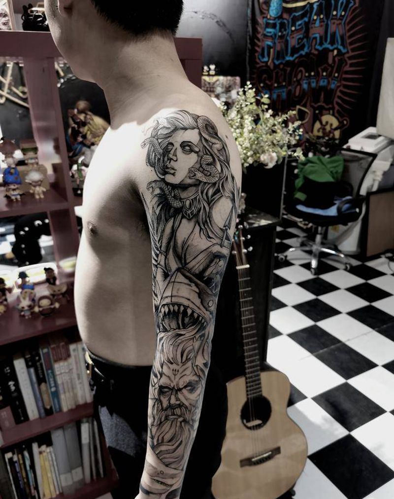 点刺风格美杜莎波塞冬花臂纹身图片_New School点刺点刺花臂纹身图案