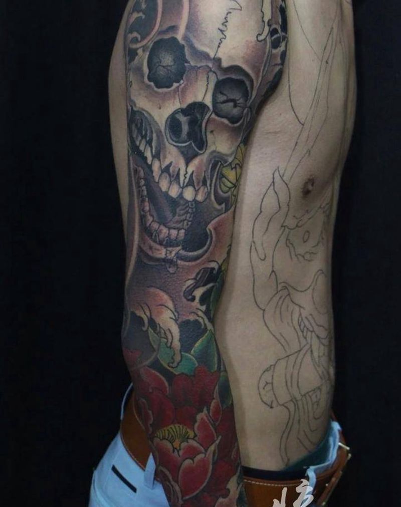 花臂走一走，未完待续！——惊蛰刺青师D纹身图片_成品手臂传统鬼神原创惊蛰刺青纹身图案