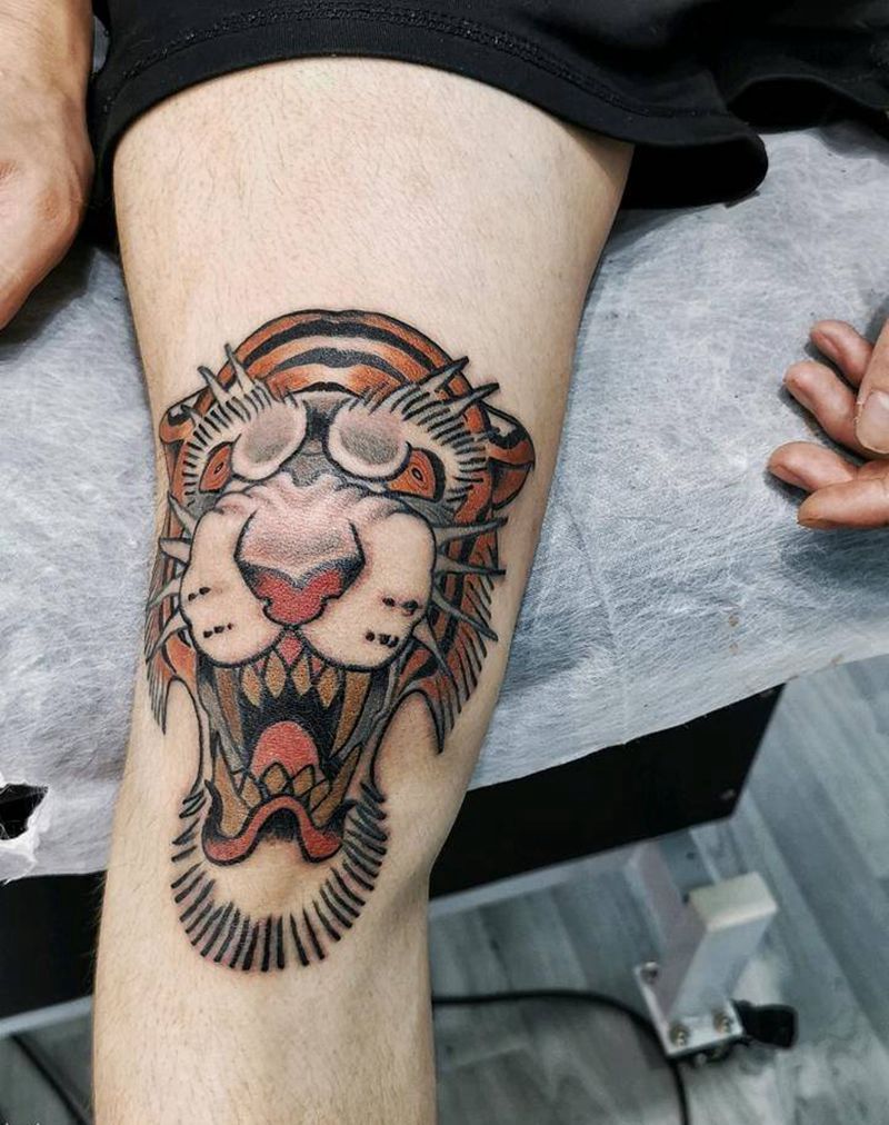 膝盖old school虎纹身图片_膝盖纹身图案